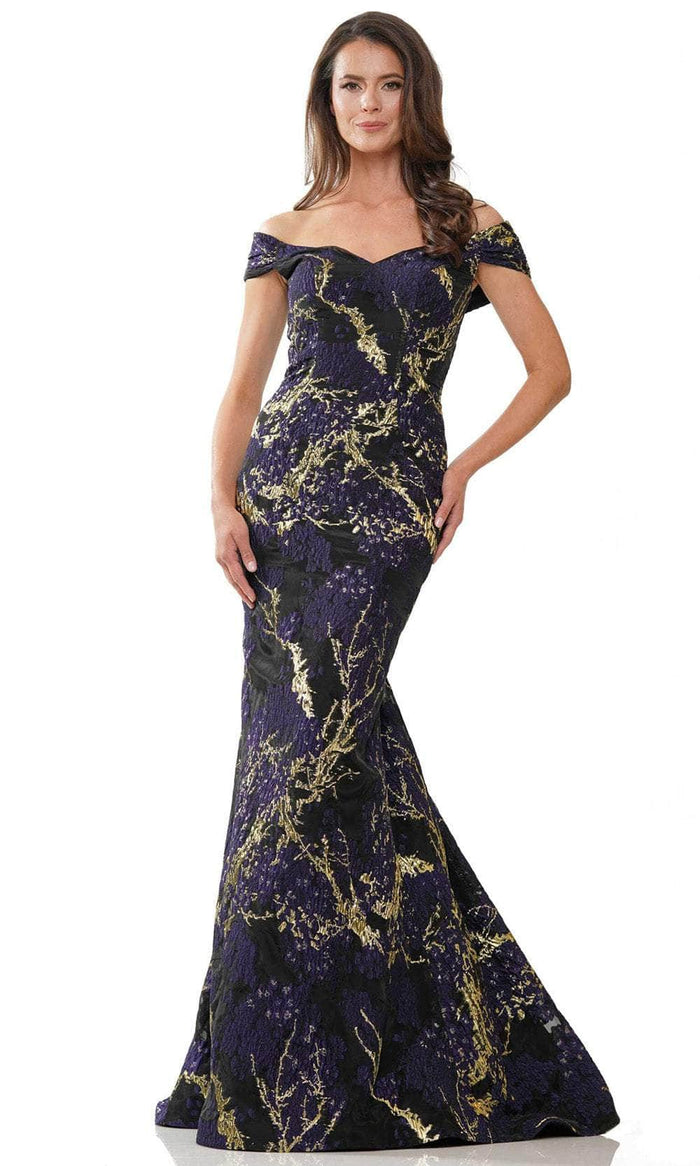 Rina di Montella RD2952 - Printed Off-Shoulder Long Dress Prom Dresses 4 / Blue Black