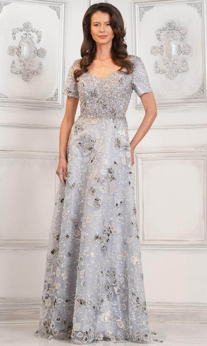 Rina di Montella RD3108 - Short Sleeve Beaded Long Gown Mother of the Bride Dresses 6 / Grey Blue