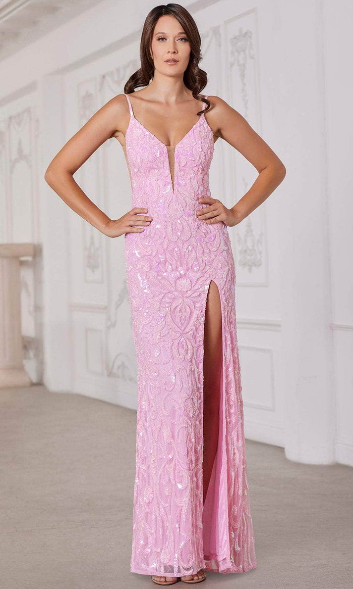 SCALA 80106 - Plunging Neckline Beaded Evening Dress Prom Dresses 000 / Baby Pink