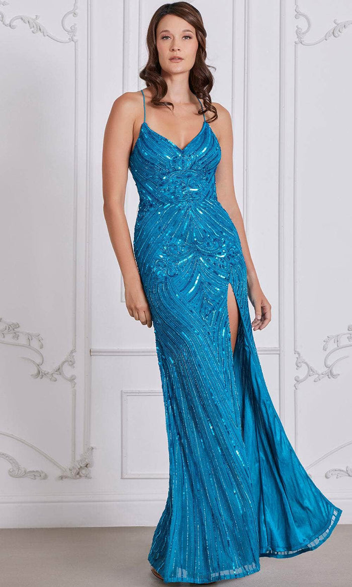 SCALA 80108 - Lace-Up Back Beaded Evening Dress Prom Dresses 000 / Iris