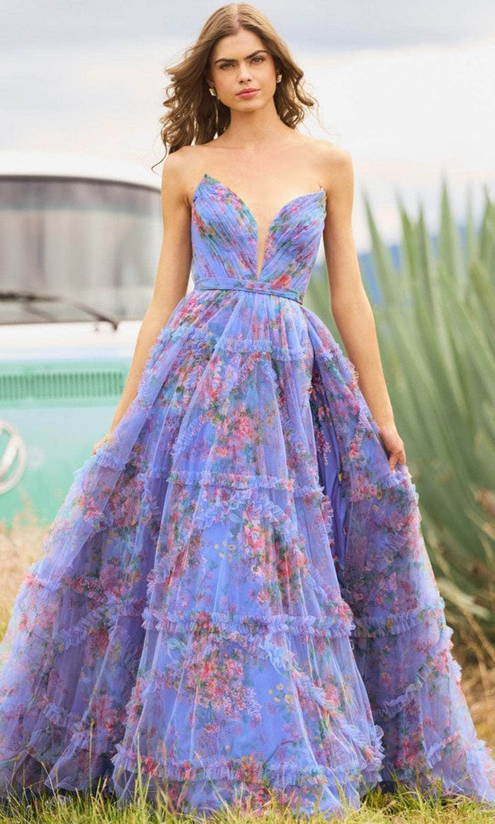 Sherri Hill 55620 - V-Neck Strapless Prom Gown Evening Dresses 8 / Periwinkle Print