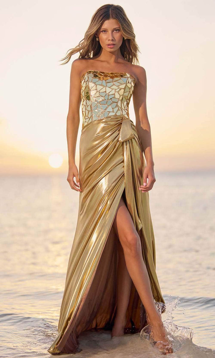 Sherri Hill 56094 - Draped Skirt Gown Evening Dresses 000 / Gold