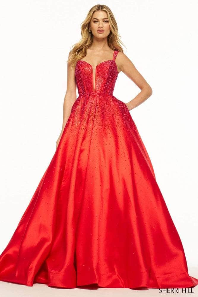 Sherri Hill 56106 - Plunging Neckline Beaded Ballgown Ball Gowns 0 / Red