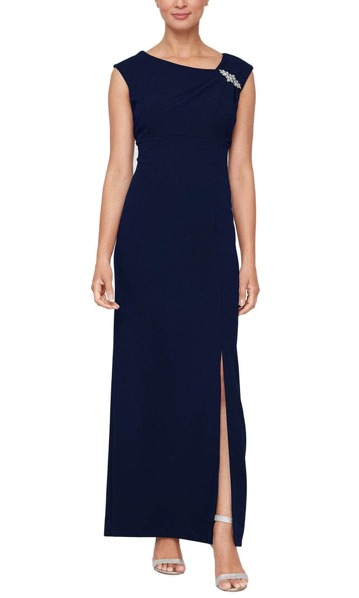 SLNY 9137218 - Asymmetrical Neck Evening Dress Mother of the Bride Dresses 4 / Navy