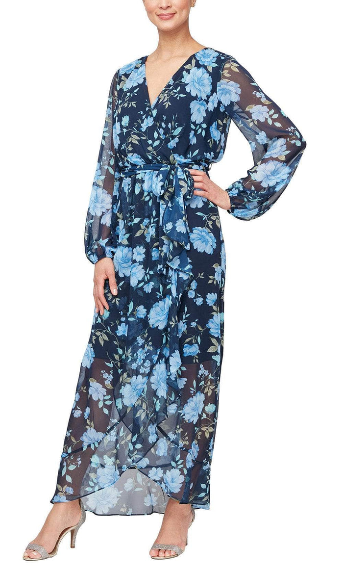 SLNY 9171942 - Bishop Sleeve Floral Long Dress Mother of the Bride Dresses 4 / Navy Multi