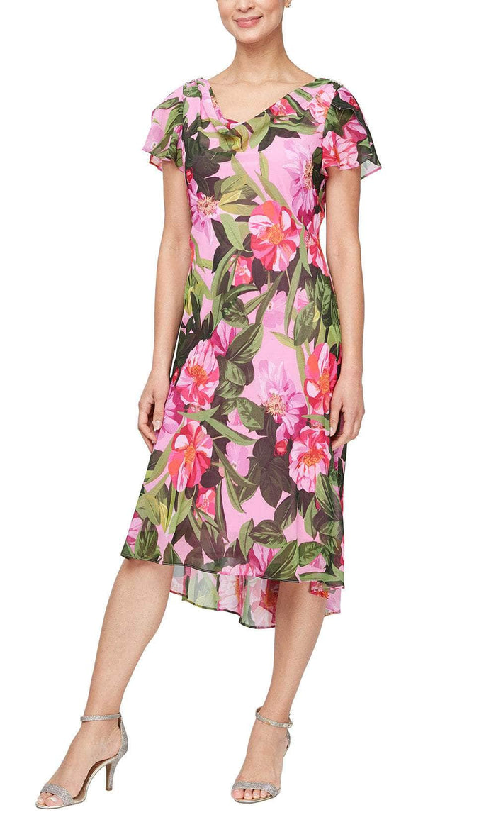 SLNY 9171950 - Floral Cowl Dress Wedding Guest 4 / Pink Multi