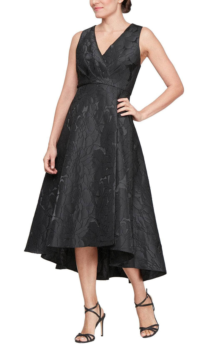 SLNY 9181160 - Jacquard Surplice V-Neck Evening Dress Semi Formal 2 / Black