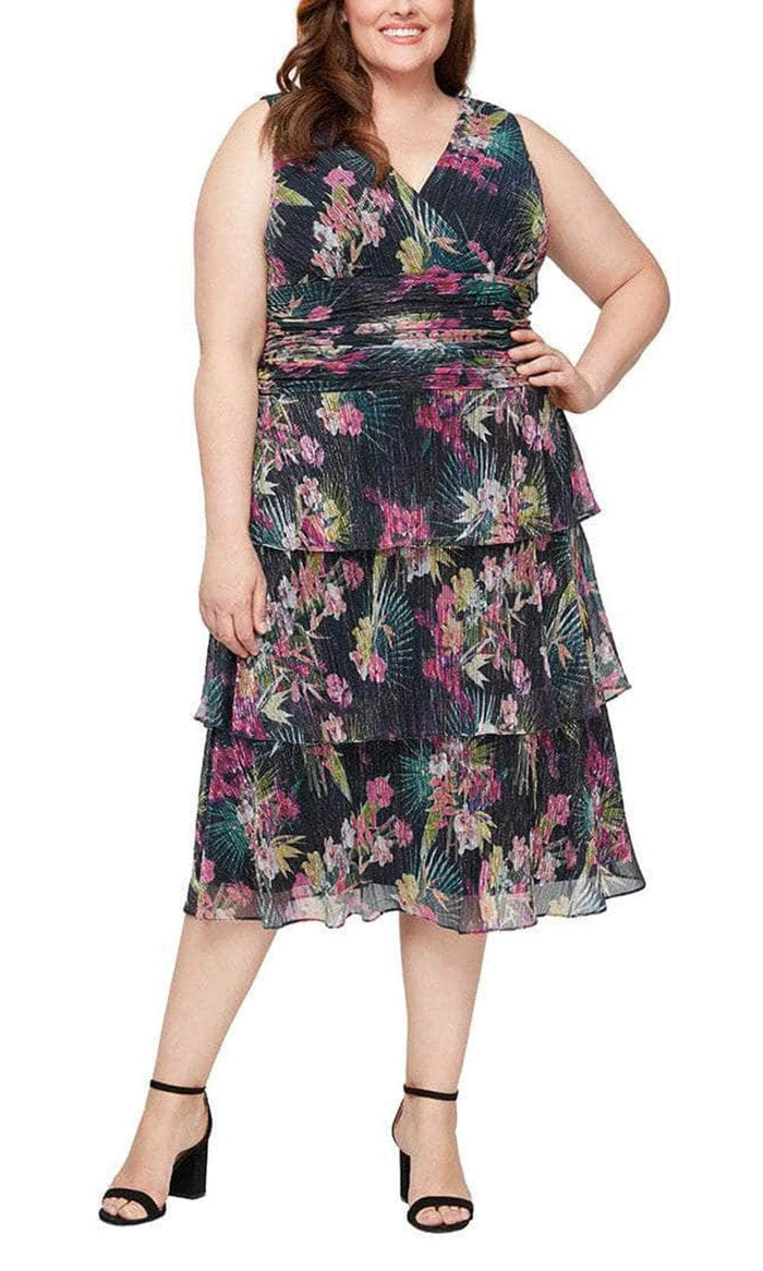 SLNY 9455220 - Sleeveless Printed Floral Midi Dress Wedding Guest 14W / Black Multi