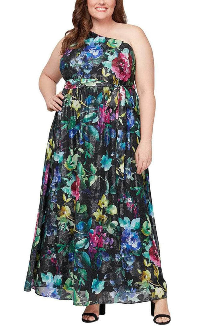 SLNY 9471928 - Floral One Shoulder Plus Dress Prom Dresses 14W / Black Multi