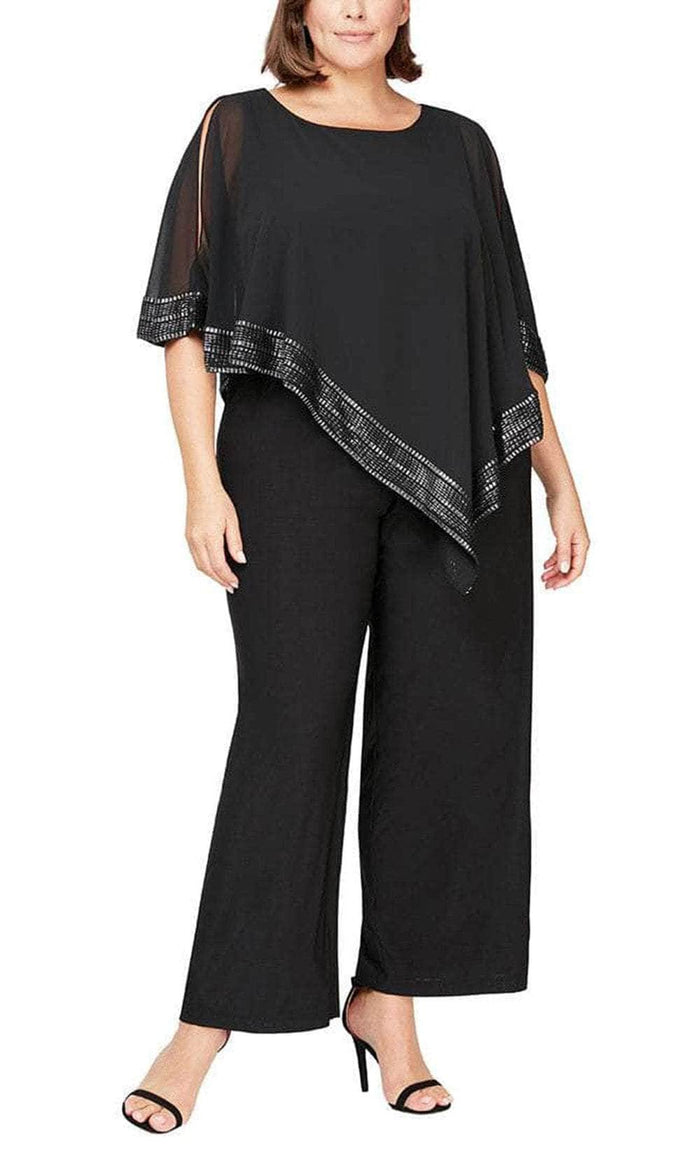 SLNY 9477331 - Metallic Trim Cape Jumpsuit Formal Pantsuits 14W / Black