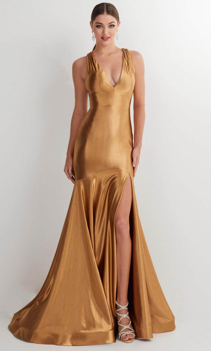 Studio 17 Prom 12890 - Plunging V-Neck Trumpet Prom Gown Prom Dresses 0 / Bronze