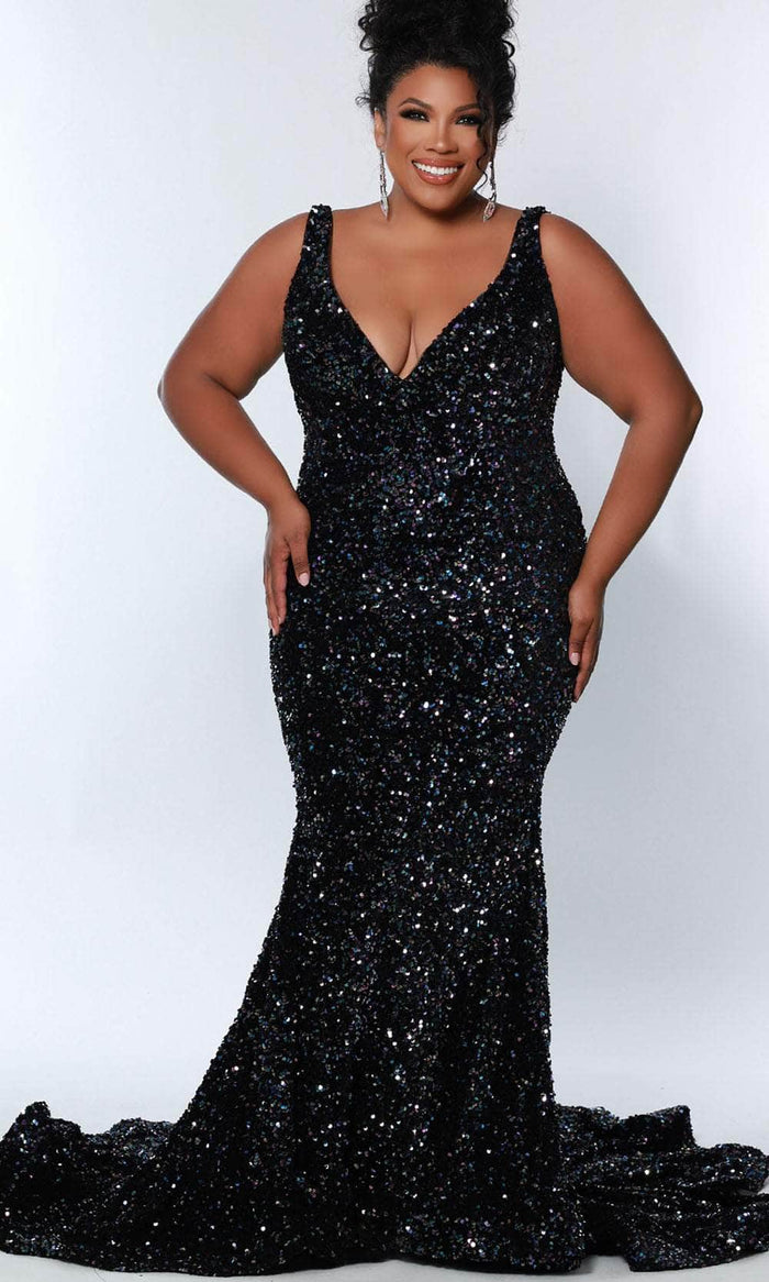 Sydney's Closet JK2308 - V-Neck Velvet Sequin Evening Dress Evening Dresses 10 / Kaleidoscope