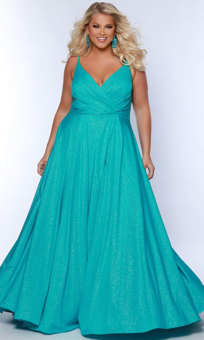 Sydney's Closet SC7375 - Glittered Deep V-Neck Prom Dress Prom Dresses 14 / Aqua