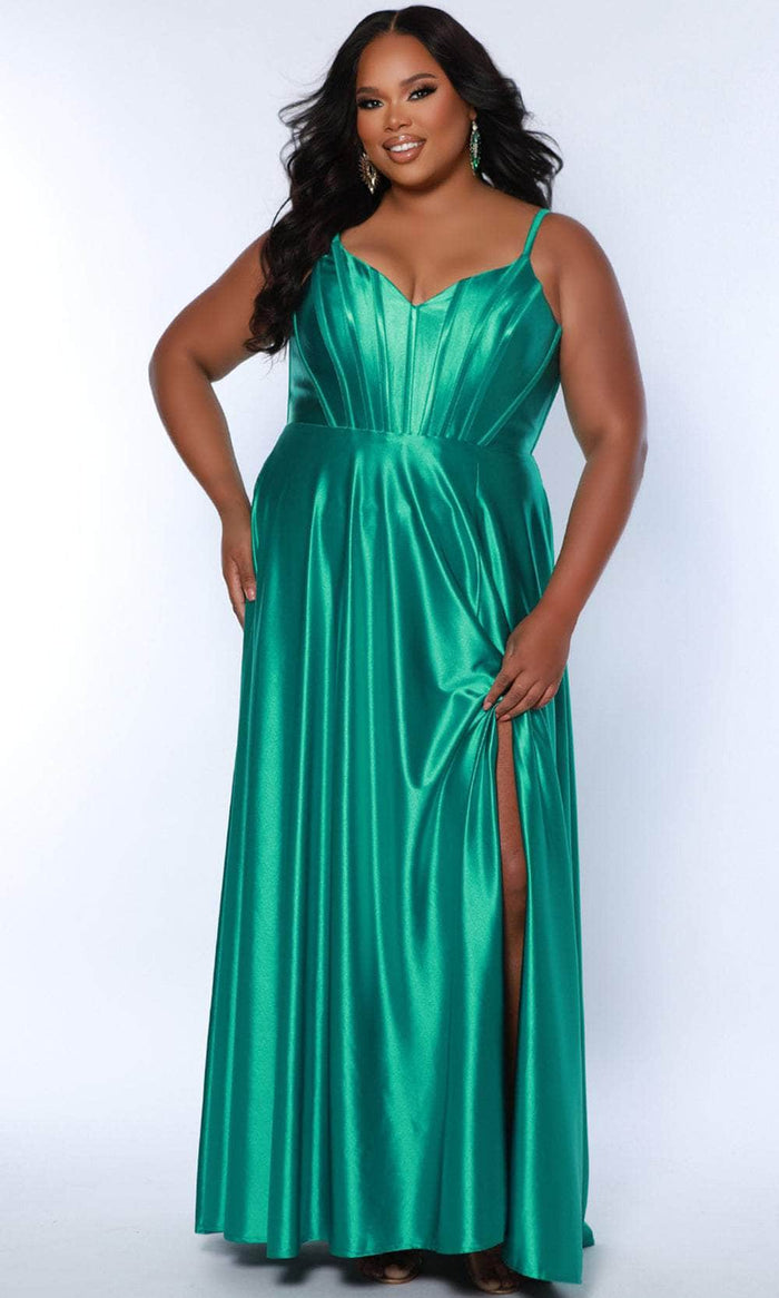 Sydney's Closet SC7380 - Corset Satin A-Line Prom Dress Prom Dresses 14 / Kelly Green