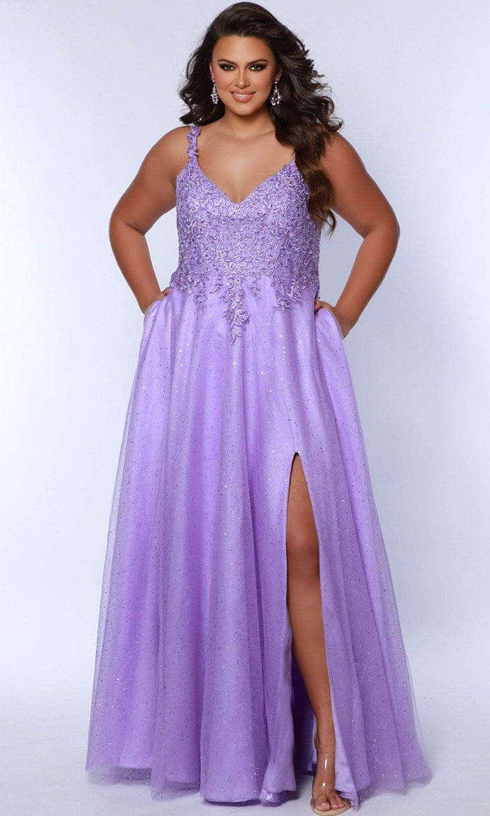 Sydney's Closet SC7384 - Lace Appliqued V-Neck Prom Dress Prom Dresses 14 / Lavender