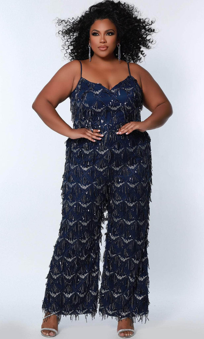 Sydney's Closet SC9108 - Sleeveless Sequin Fringe Jumpsuit Formal Pantsuits 14 / Navy