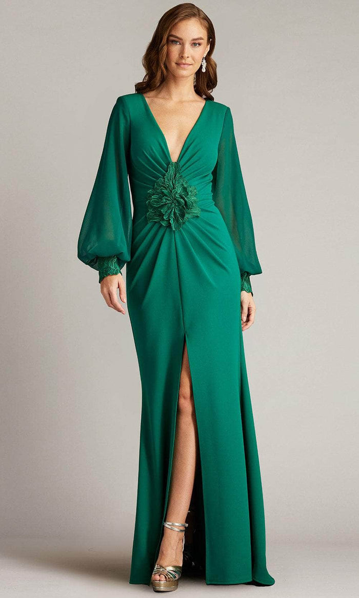 Tadashi Shoji BOS24911L - Bishop Sleeve Gown with Slit Mother of the Bride Dresses XXS / Emerald