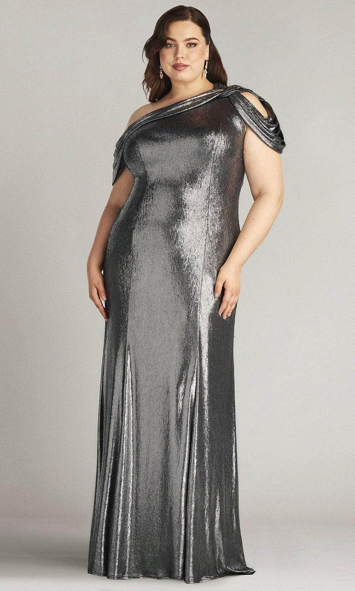 Tadashi Shoji BSJ22037LQ - Metallic Jersey Drape Shoulder Evening Gown Mother of the Bride Dresses 1X / Steel