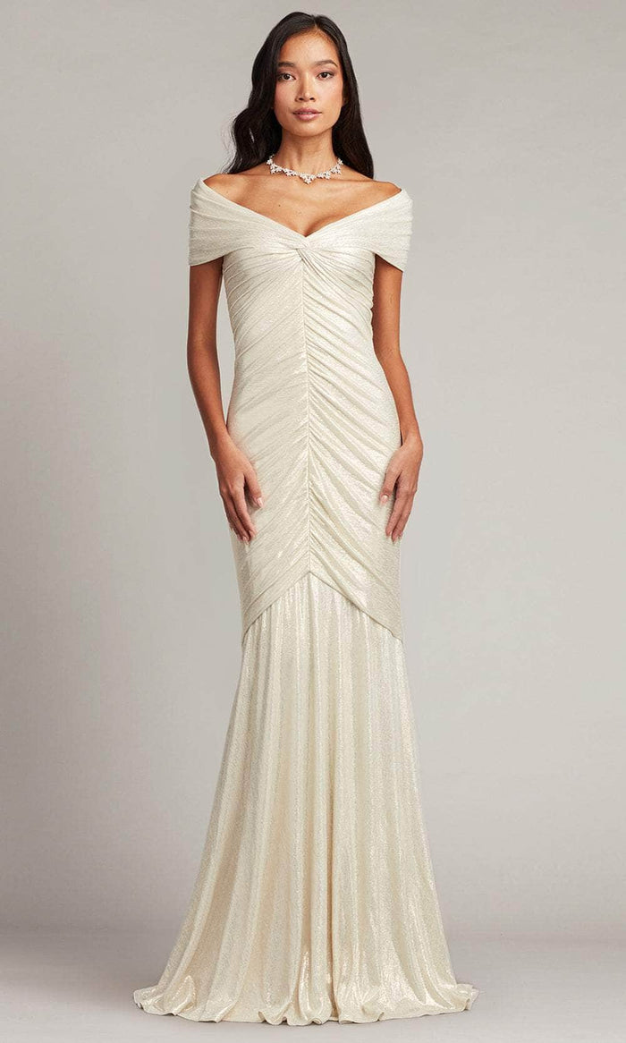 Tadashi Shoji BSJ24023L - Piette Cap V-Neck Draped Metallic Jersey Gown Mother Of The Bride Dresses XXS / Ivory