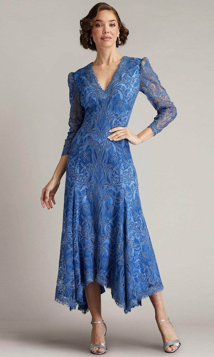 Tadashi Shoji BSU21187MD - Puff Long Sleeve V-Neck Tea-Length Dress Holiday Dresses 00 / Cadet Blue