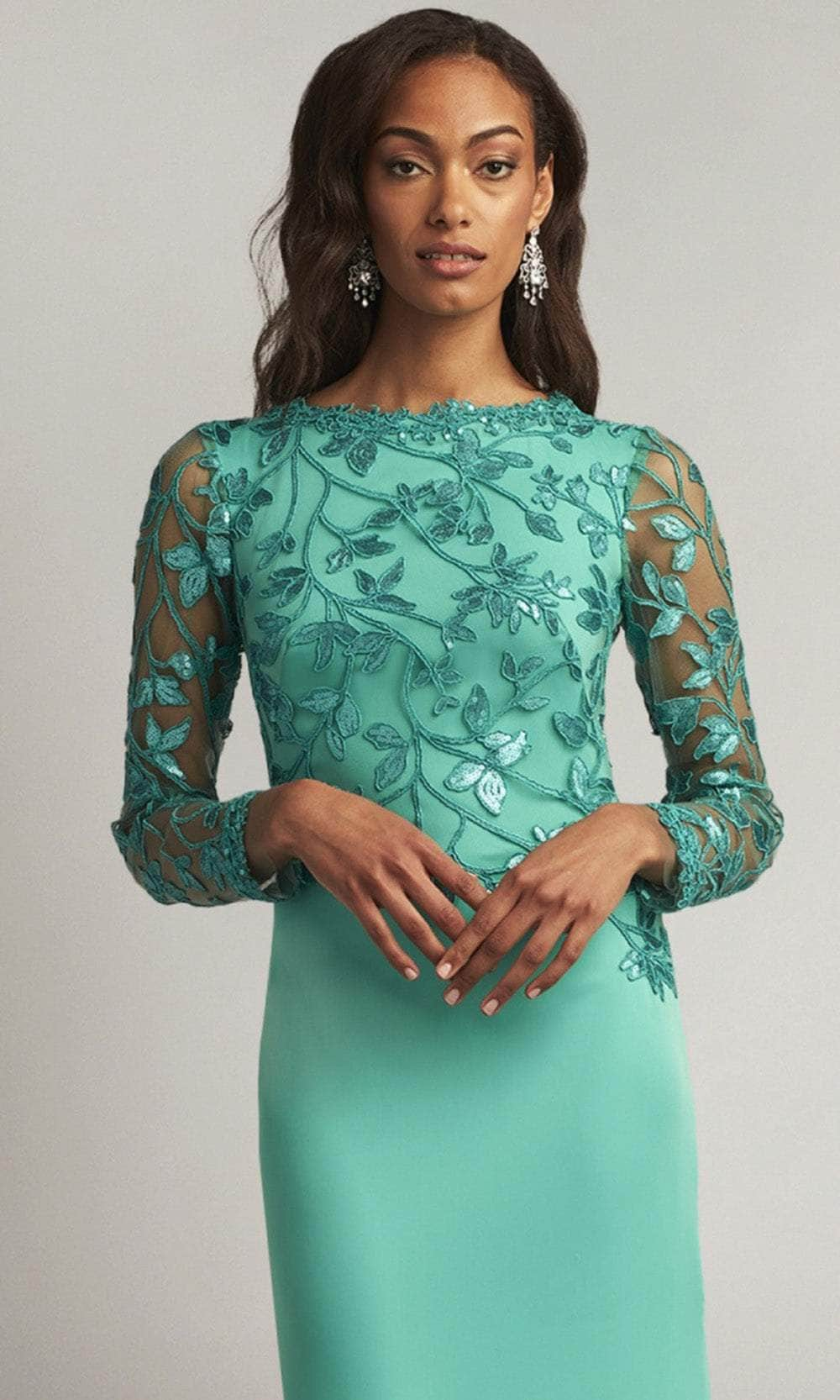 Tadashi Shoji CAJ16206LXY - Illusion Sleeve Foliage Lace Evening Gown –  Couture Candy