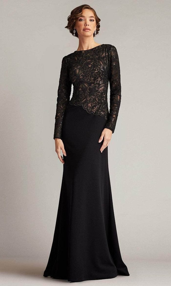 Tadashi Shoji CBI16206LXY - Long Sleeve Embroidered Gown Mother of the Bride Dresses 0 / Black/Nude