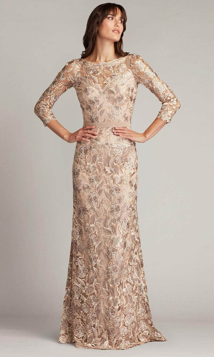 Tadashi Shoji CDP24130L - Floral Embroidered Sheath Gown Mother Of The Bride Dresses 0 / Pebble