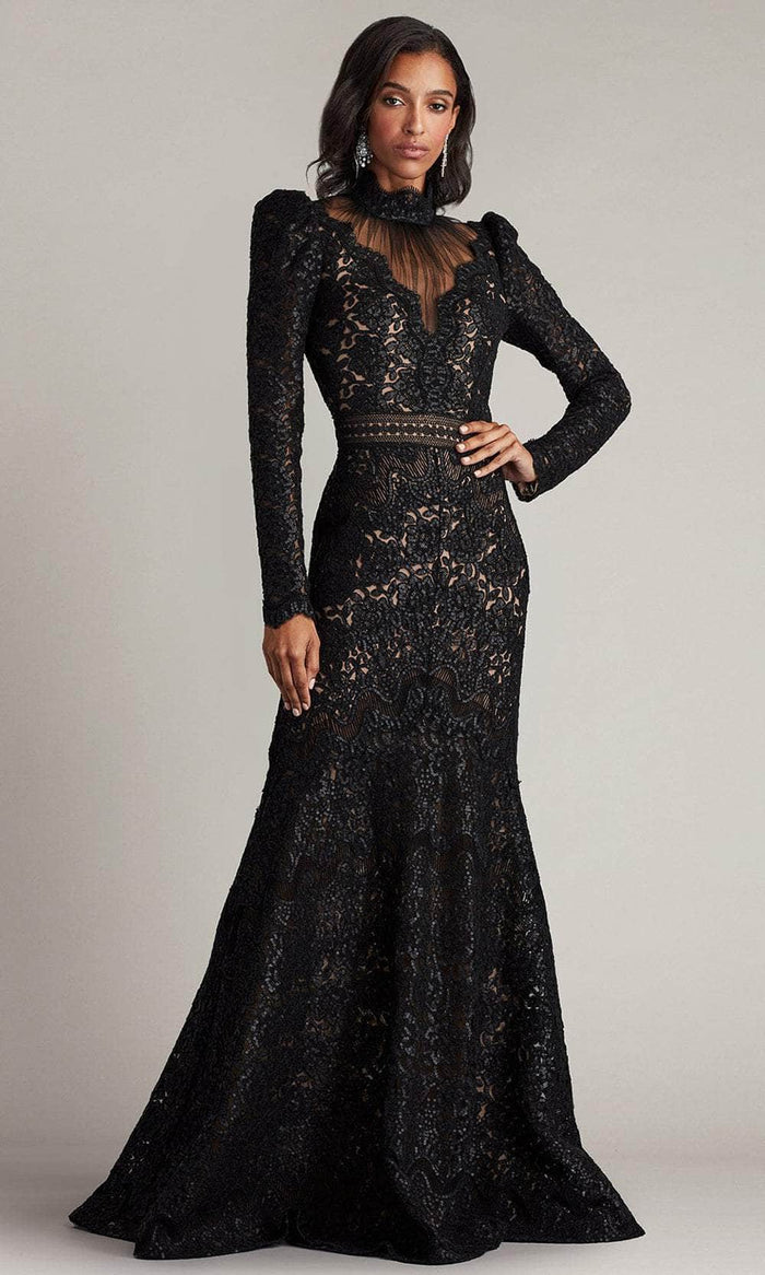 Tadashi Shoji CFC24346L - Illusion Deep V-Neck Evening Gown Mother of the Bride Dresses 0 / Black/Nude