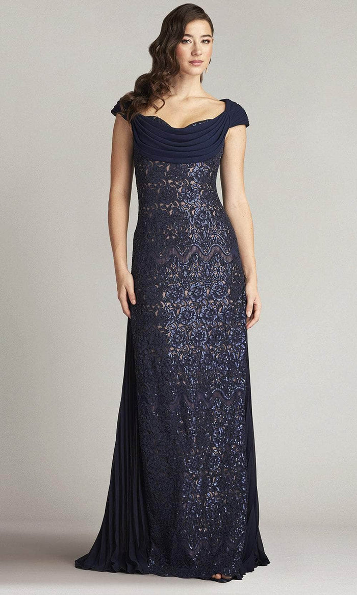 Tadashi Shoji CFC24348L - Embroidered Off-Shoulder Evening Gown Mother of the Bride Dresses 0 / Royal Navy/Nude