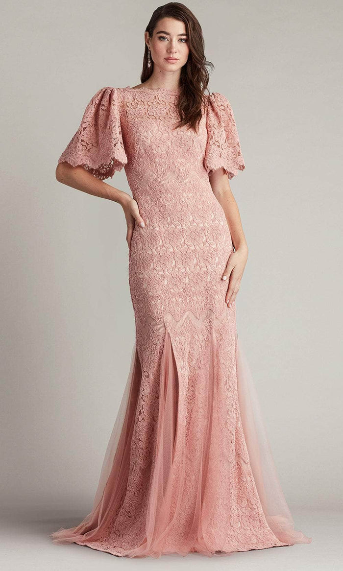 Tadashi Shoji CFJ24355L - Flounce Short Sleeve Embroidered Long Gown Mother of the Bride Dresses 0 / Antique Pink