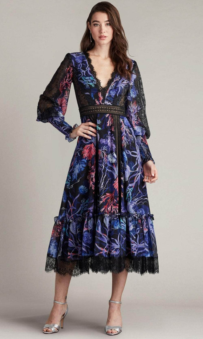 Tadashi Shoji CFL24398MD - Bishop Sleeve Printed Tea-Length Dress Homecoming Dresses 0 / Garnet