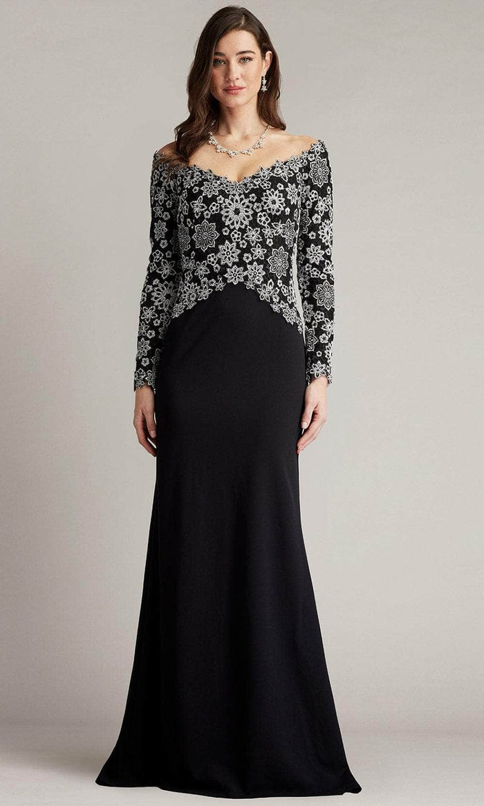 Tadashi Shoji CFX24576L - Long Sleeve Off Shoulder Evening Gown Mother Of The Bride Dresses 0 / Ivory/Black