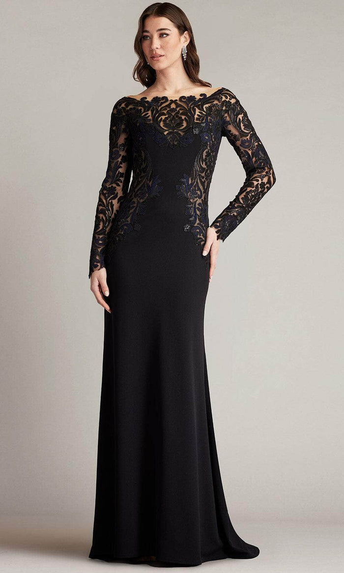 Tadashi Shoji CGB24646L - Long Sleeve Embroidered Gown Mother Of The Bride Dresses 0 / Black/Nude