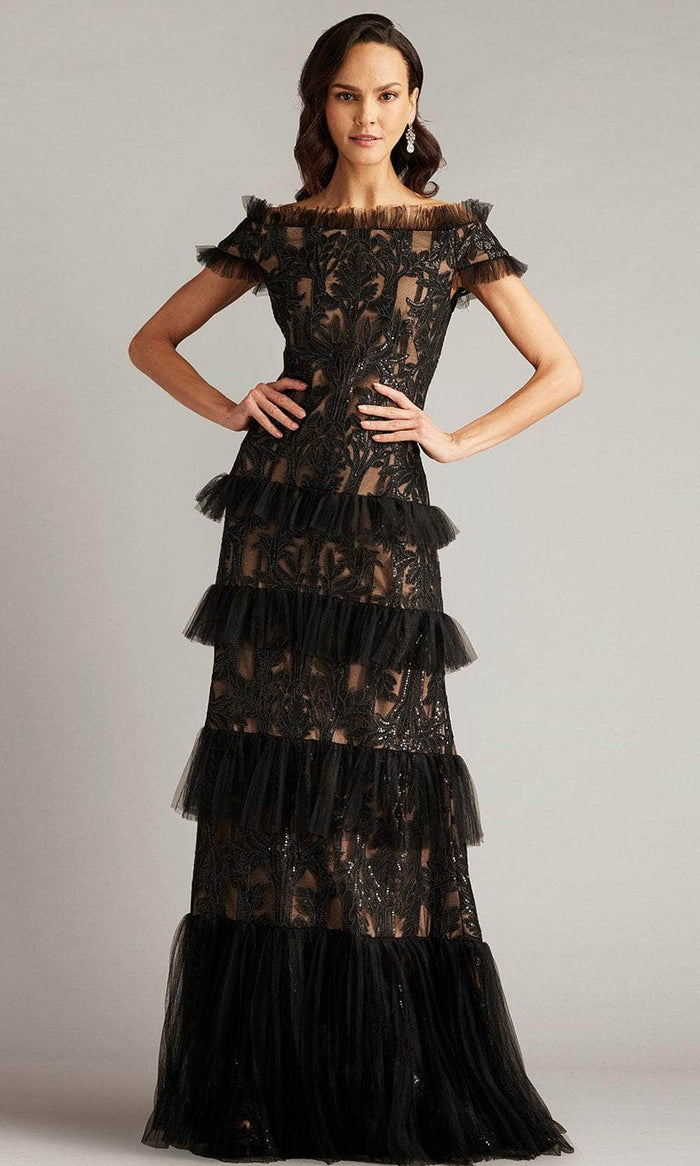 Tadashi Shoji CGX24921L - Tiered Lace Evening Gown Mother of the Bride Dresses 0 / Black/Nude