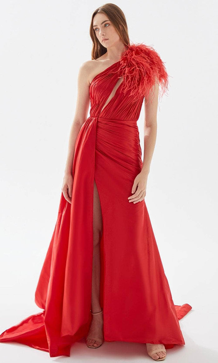 Tarik Ediz 52125 - Ruched Asymmetric Prom Gown Prom Dresses 0 / Red