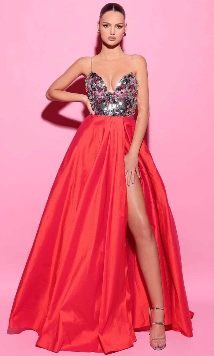 Tarik Ediz 54198 - Deep V-Neck Beaded Top Evening Gown Prom Dresses 0 / Marmalade