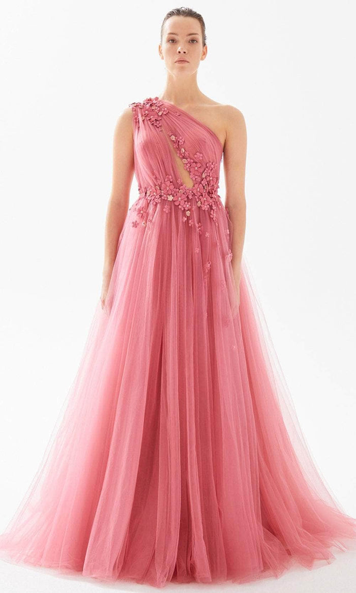 Tarik Ediz 98275 - Floral Appliqued Asymmetric Evening Dress Prom Dresses 00 / Rose