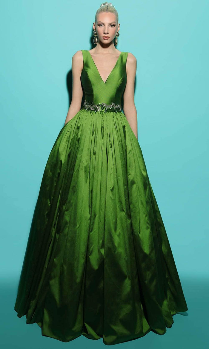 Tarik Ediz 98480 - V-Neck A-Line Prom Dress Prom Dresses 0 / Forest Green