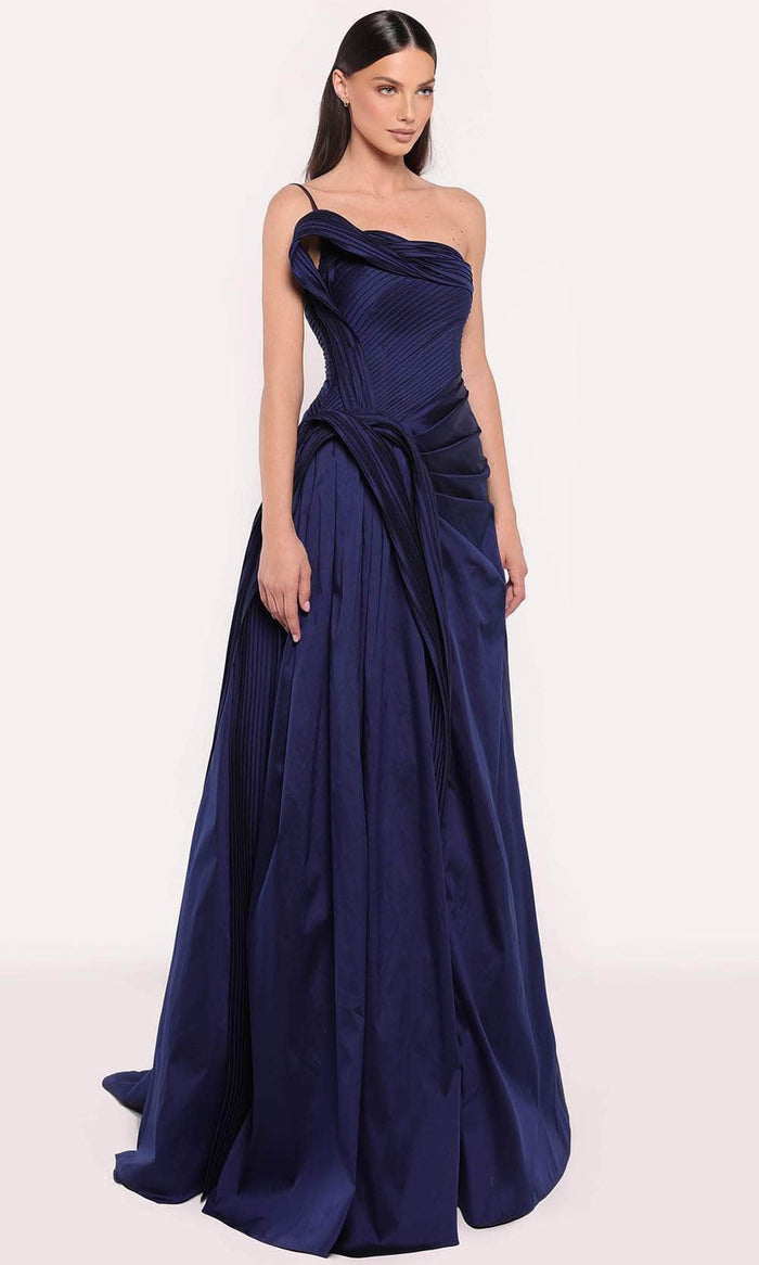 Tarik Ediz 98703 - One Shoulder Draped Evening Dress Evening Dresses 0 / Navy