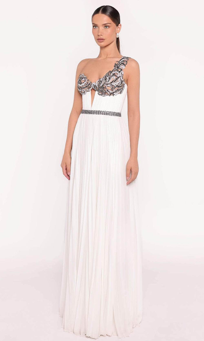 Tarik Ediz 98717 - Beaded One Shoulder Gown Prom Dresses 0 / Ivory