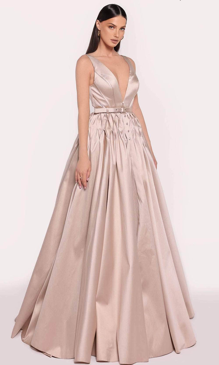 Tarik Ediz 98732 - Plunging V-Neck Evening Gown Evening Gown 0 / Stone