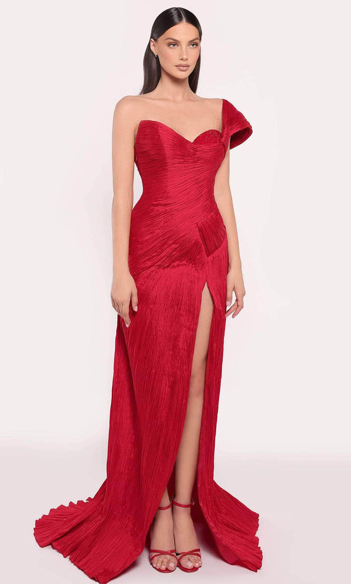 Tarik Ediz 98767 - Shirred Gown with Slit Evening Dresses 0 / Red