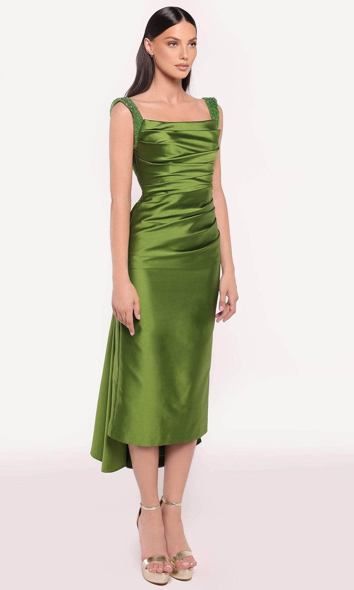 Tarik Ediz 98785 - Square Neck Taffeta Dress Cocktail Dresses 0 / Forest Green