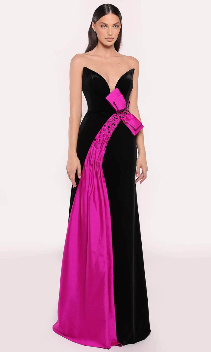 Tarik Ediz 98794 - Two Toned Bow Gown Prom Dresses 0 / Black/Fuchsia