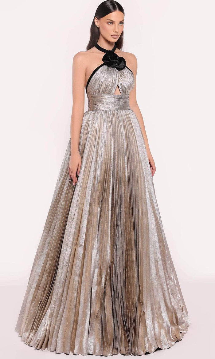 Tarik Ediz 98808 - Metallic Halter Evening Gown Evening Gown 0 / Gold/Black