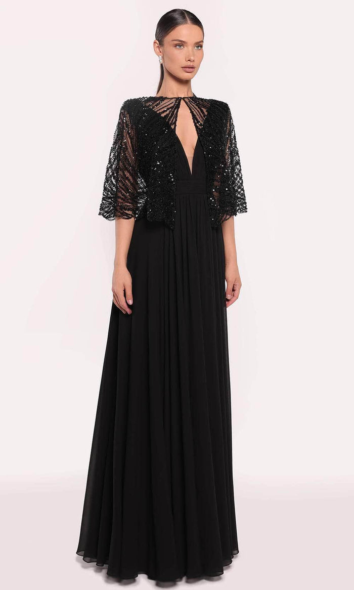 Tarik Ediz 98811 - Beaded Cape A-Line Evening Dress Evening Dress 0 / Black