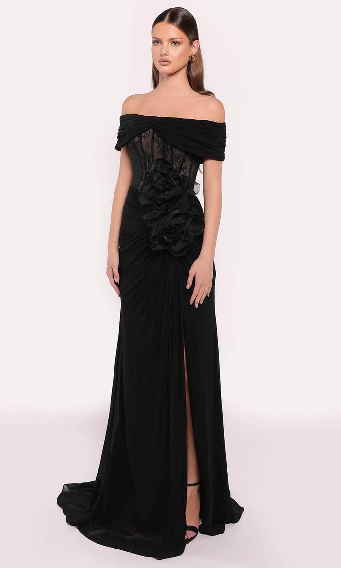 Tarik Ediz 98815 - Floral Applique Gown with Slit Prom Dresses 0 / Black