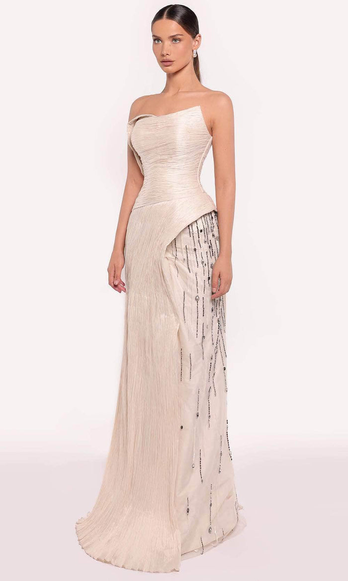 Tarik Ediz 98823 - Strapless Shirred Evening Gown Evening Dresses 0 / Vanilla