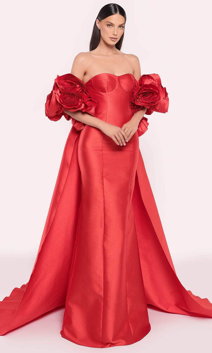 Tarik Ediz 98825 - Applique Cape Evening Gown Prom Dresses 0 / Red