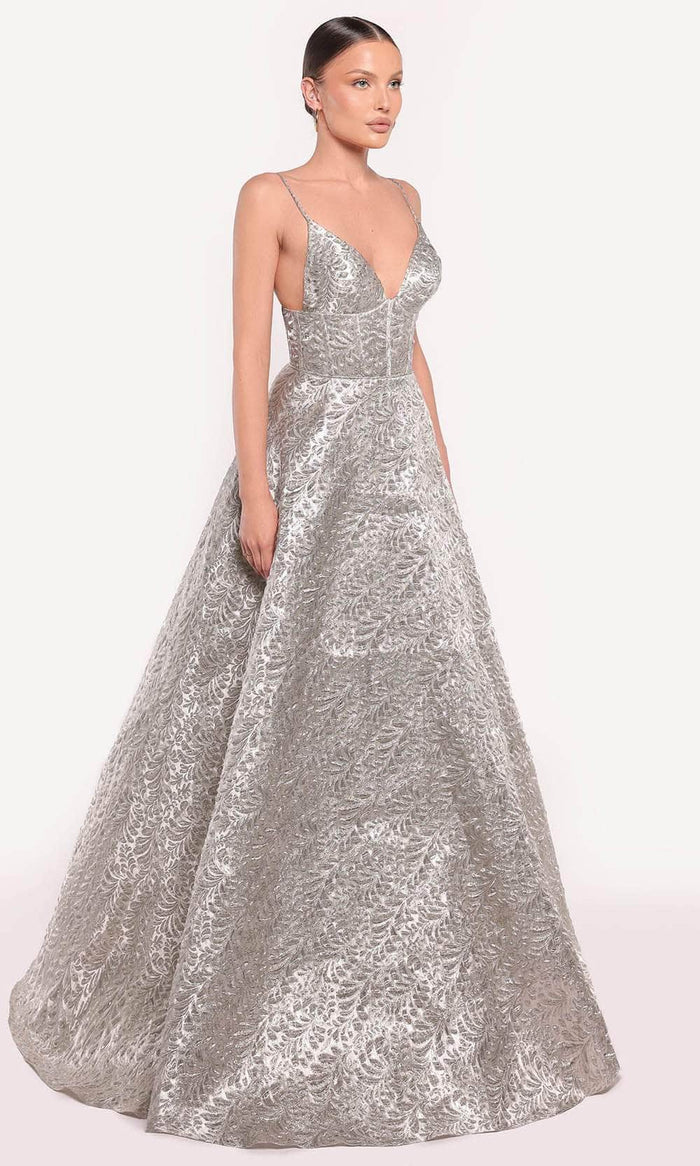 Tarik Ediz 98873 - Metallic A-Line Evening Gown Prom Dresses 0 / Silver